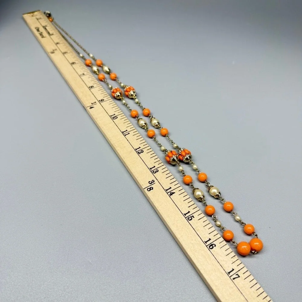 Banana Republic Orange Bead and Faux Pearl Station Necklace 34